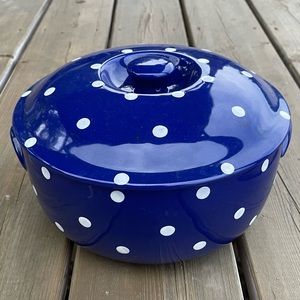 Spode Baking Days 2 Qt Round Covered Casserole Pot Lid Blue White Polka Dot